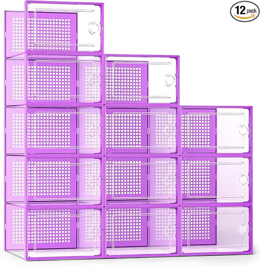 Kuject X-Large Shoe Storage Boxes 12 Pack, Clear Stackable Shoe Organizer | Shoe Case for Closet, Entryway & Under-Bed Storage, Drop-Front Design, Space-Saving Solution for Family Organization,Purple