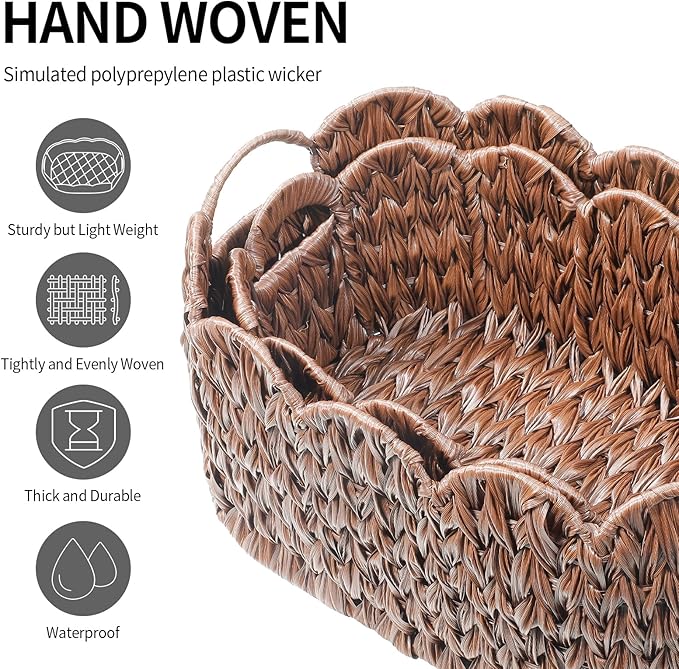 Coeusy Wicker Scalloped Basket Set of 2,Woven Storage Baskets for Shelves,Closet,Laundry,Gift,Towels,Books,Toys,Waterproof Cute Decor Basket for Organizing,Brown