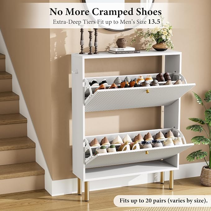 Nicetree Shoe Storage Cabinet for Entryway - 2 Flip Drawers Shoe Cabinet with Tiered Fluted Design - Slim Shoe Storage Rack with Gold Legs - Narrow Shoe Cabinet Hidden Shoe Organizer for Small Spaces