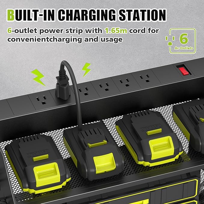 SUNALLY Power Tool Organizer Wall Mount with Charging Station,3 Layer,Black | Metal Tool Storage Rack with 4 Drill Holders, Heavy Duty Power Tool Shelf for Garage,Warehouse,Workshop, Gift for Men,Husband
