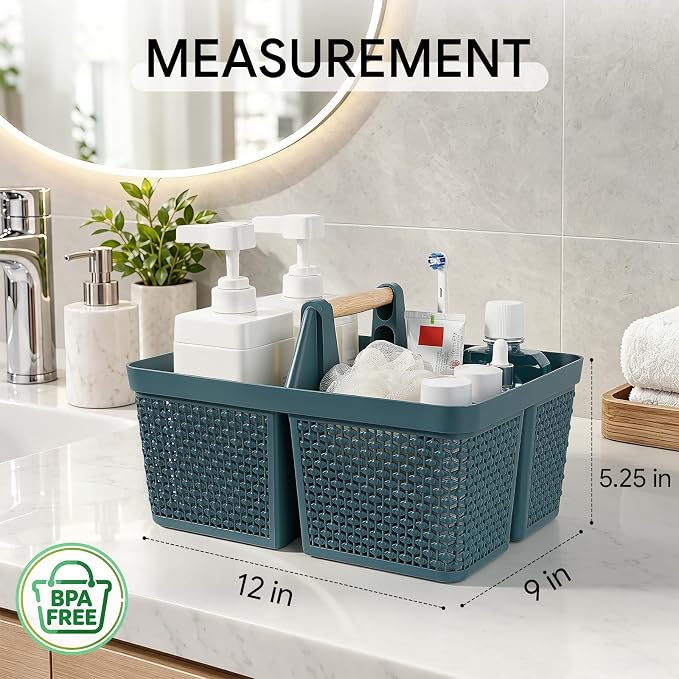 Portable Plastic Shower Caddy Basket with Wooden Handle, Bluish Green | Divided Storage Organizer Tote for Bathroom, Dorm, College, Kitchen & RV – Lightweight, Easy-Carry Essentials Caddy