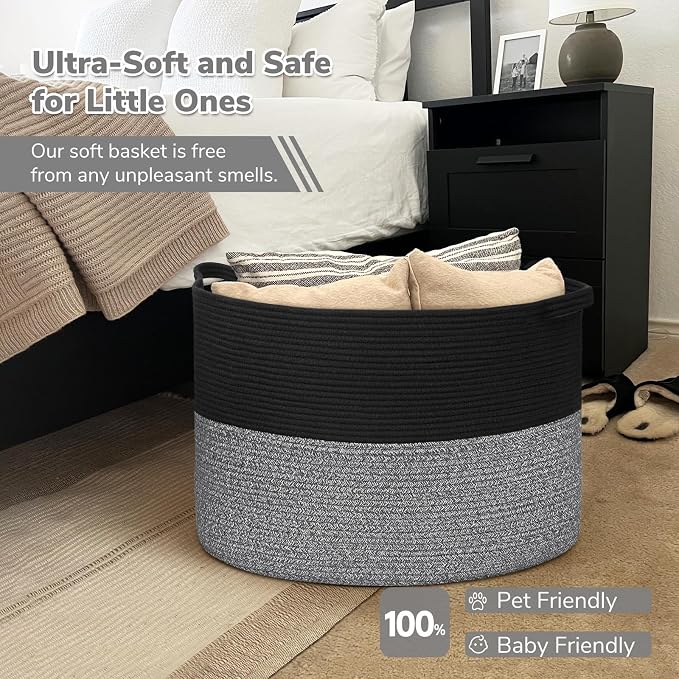 INDRESSME 115L Extra Large Woven Rope Blanket Basket Living Room Black Grey | 23.6" x 15.7" Storage baskets for toys laundry & pillows. Fits living room, bedroom or nursery décor. Soft-touch with handles