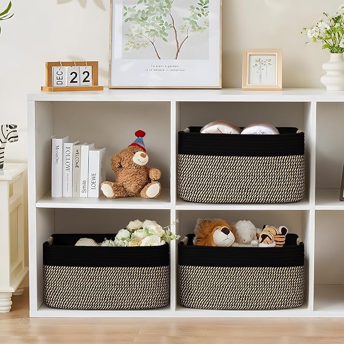 2 Pack Large Storage Basket for Organizing, 17.5"x13"x7" Woven Basket for Shelves, Closet Cube Storage Bins with Wrapped Handle, Cotton Rope Baskets for Kitchen, Clothes, Toys(Black & Brown)