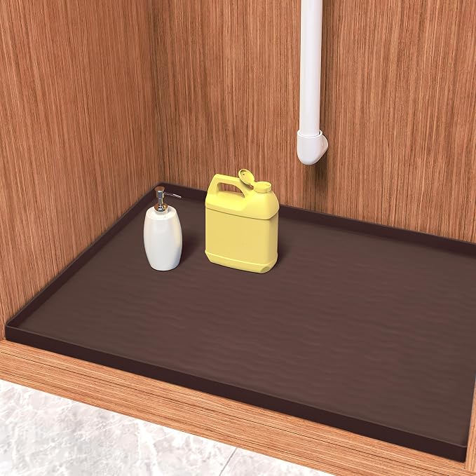 URMONA Waterproof Silicone Under Sink Mat 31'' x 22'' Shelf Liner for Kitchen and Bathroom, Cabinet and Counter Protector, Storage and Organizers, Litter Mat, Pet Cat Puppy Essentials(Brown)
