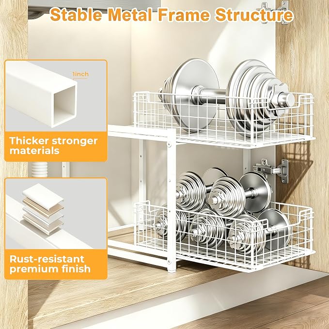 Under Sink Organizer, 2-Tier Pull Out Cabinet Organizer, Kitchen Bathroom Organizer and Storage, Spice Rack for Kitchen, Multi-use Sliding Drawers Shelves (1, white)