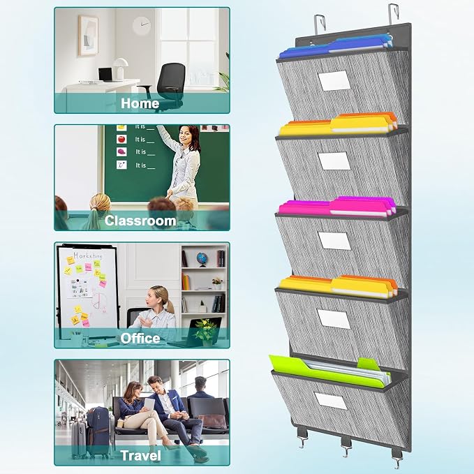 Over the Door File Organizer, Hanging File Folders, Wall Organizers and Storage for Mail, Magazine, Notebooks, Planners, Office, Classroom, 5 Extra Large Pockets, 50.39” Tall (Grey)