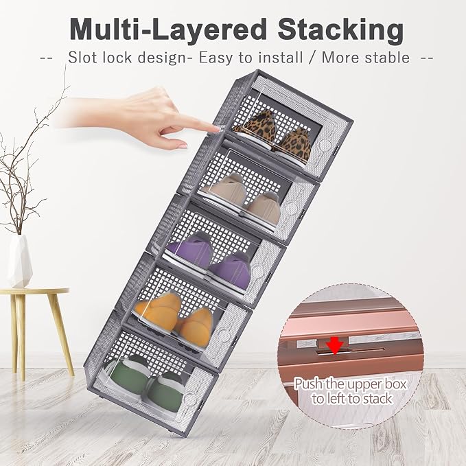 Kuject 12 Pack Large Shoe Boxes, Clear Stackable Containers with Lids,Grey | Shoe organizers for closet & entryway, under-bed,Drop-front design fits women's size 10
