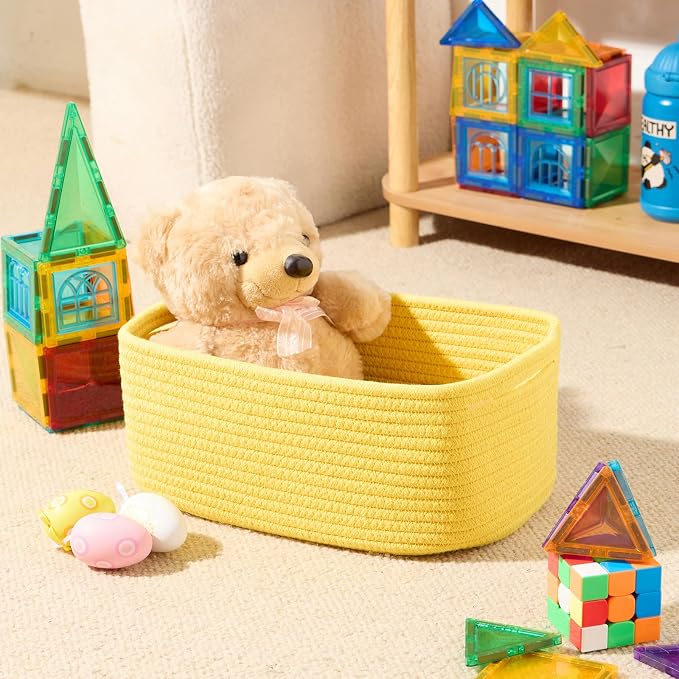 MiniArk Small Storage Baskets for Organizing | Closet Organizer Bins | Shelf Toy Basket | Woven Rope Baskets | Cube Decorative Box | Shallow Basket | 13x8.5x5.1” | 4 Packs Yellow