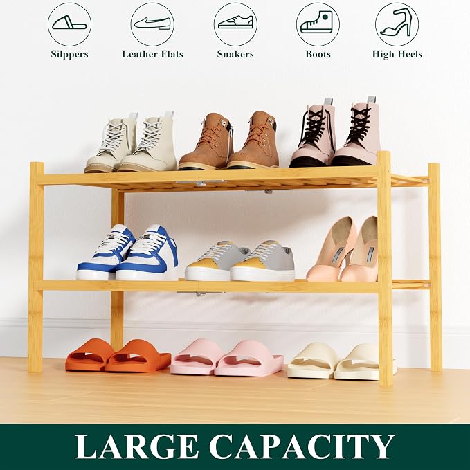 Smiry Bamboo Shoe Rack, 14 Vertical Slats, 2 Tier - 26.8" Wide, Natural | Stackable Free Standing Wooden Shoe Organizer, Wood Shoe Storage Shelf for Closet, Entryway, Thicher Leg