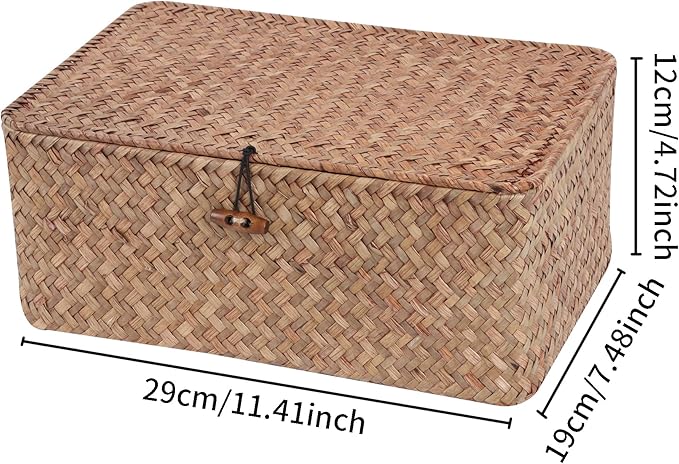 FEIALNDUO Wicker Shelf Baskets with Lid,Seagrass Storage Basket Bins Rectangular Handwoven Basket Boxes for Shelves Desktop Home Organizer (Coffee, Medium)