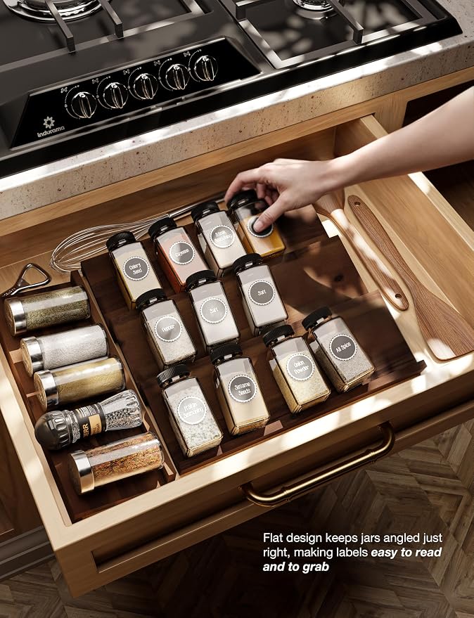 Tinamo Acacia Wooden Spice Rack Organizer for Cabinet - Spice Drawer Insert, Spice Organization for Cabinet, Seasoning Organizer, Spice Holder Pack of 8 (Walnut, Pack 8) | Acacia Wood Construction, No assembly, Stackable 4-tray design, Spacious for up ...