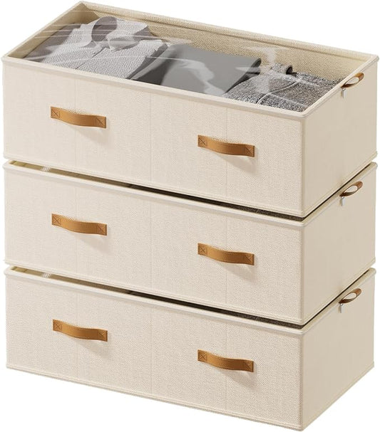 10inch 3 Pack Under Bed Storage Containers, 10 Inch Tall Underbed Clothes Storage Organizer Bin with Clear Window，Foldable Box Basket for Clothes, Closet, Bed Sheets and Blankets Beige