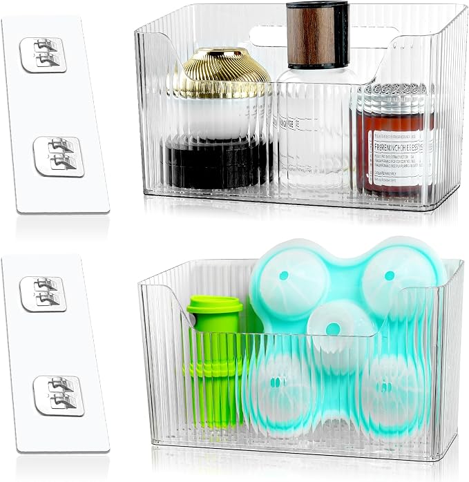 2 Pack Cabinet Door Organizer, Adhesive Wall Mounted Organizer Bins, Clear Storage Caddy, Stackable Basket for Kitchen Cabinets, Bathroom, Pantry, Office, and Tabletop Organization