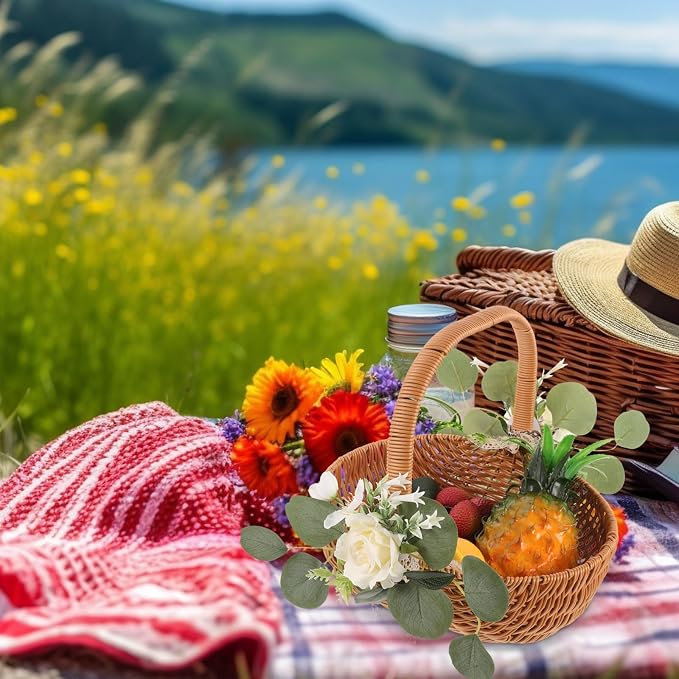 Totority Woven Storage Basket with Handle, Decorative Picnic & Fruit Basket for Home, Farmhouse Decor | Includes Faux Flower Accent | Multi-use Organizer for Kitchen, Dining, Or Display