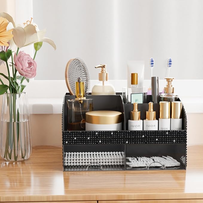 Bling Makeup Organizer with Drawers, Cosmetic Storage for Dresser Vanity and Bathroom Countertop, Beauty Holder for Lipstick Brush, Skincare Organizer for Vanity, Cosmetic Display Case Bling Black