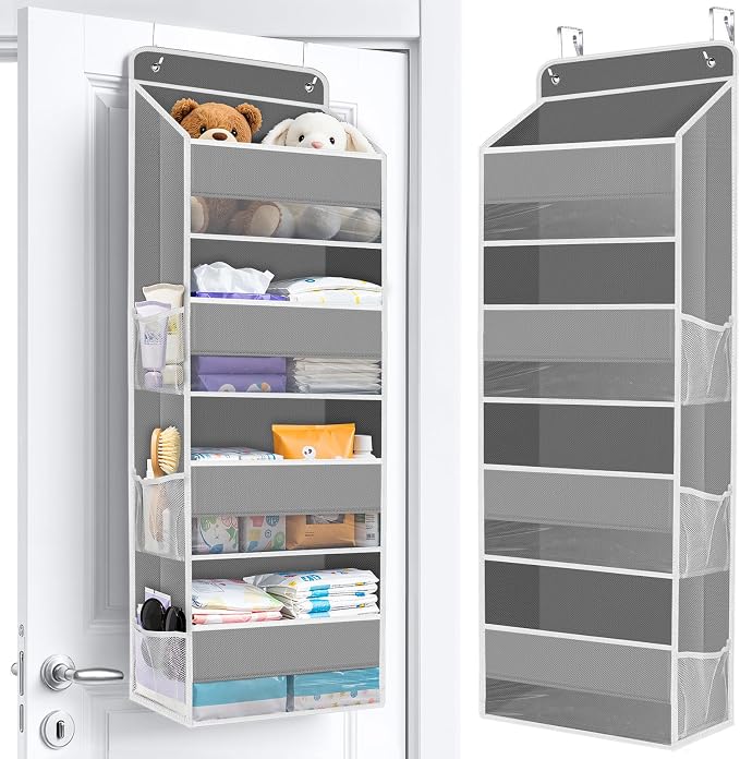 Over The Door Organizer Storage behind Door Hanging Organizer for Nursery | 4 Tier, 6 Side Pockets, Clear Window, Sturdy Construction, Space-Saving Storage for Closet, Bedroom, Bathroom & Nursery