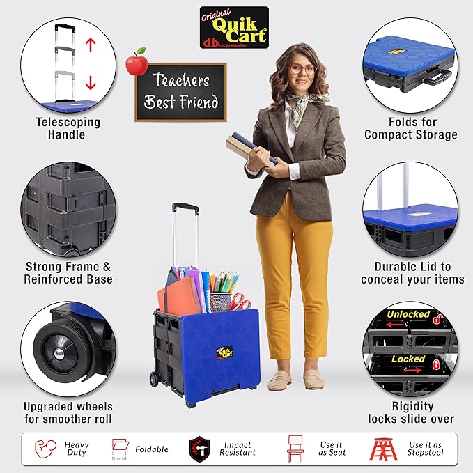 dbest products Quik Cart Collapsible Rolling Crate on Wheels for Teachers Tote Basket, 80 lbs Capacity, Blue Lid Made from Heavy Duty Plastic and used as a Seat | with Wheels, Roll Up to 80 lbs Capacity, Heavy Duty Plastic Construction, Telescoping Han...