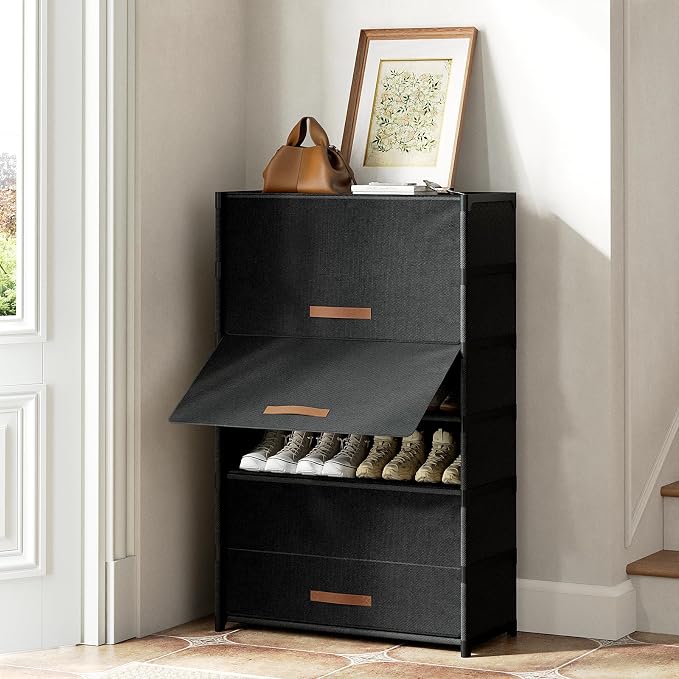 7 Tier Shoe Cabinet with Door, 28-Pair Storage, Black | Tall design saves floor space. Door blocks dust & pets. Holds heels to boots. Quick assembly with connectors.