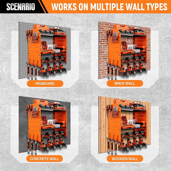 Power Tool Organizer Wall Mount,Power Drill Tool Holder | 200lb Heavy Duty Tool Shelf,4 Tier Cordless Tool Organizerwith 4 Drill Holders & 3 Divider Panels,Orange