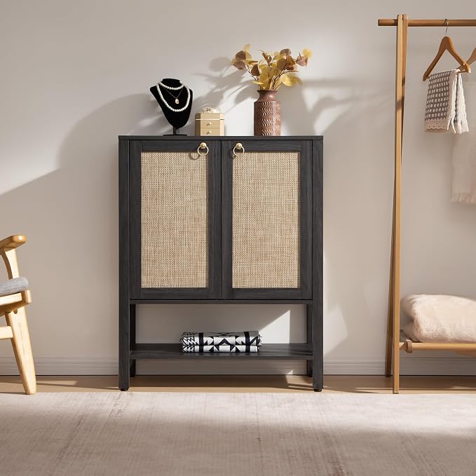 SICOTAS Rattan Shoe Storage Cabinet 5 Tier Shoe Organizer | with Doors and Shelves 24 Pair Capacity Tall Farmhouse Boho Shoe Rack for Entryway Hallway Living Room Closet, Obsidian