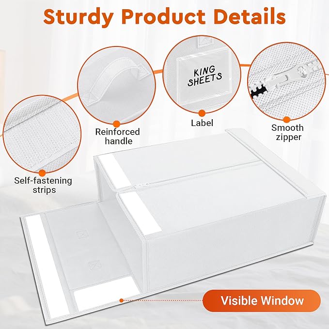 StorageTastic 4 Pack Bed Sheet Closet Organizers and Storage,Sturdy Foldable Storage Containers with Window and Label,Storage and Organization for Bedding Sheets,Duvet Covers,Blankets (White)