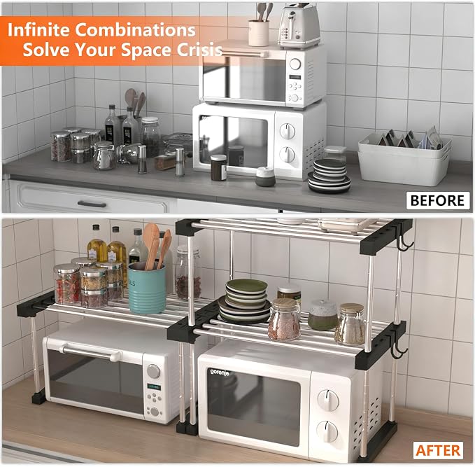 BLULEE Expandable Under Sink Organizer, 2-Tier Adjustable Storage Shelf | Heavy-Duty Stainless Steel Cabinet Rack for Kitchen Pantry & Bathroom Vanity, Stackable Organization System