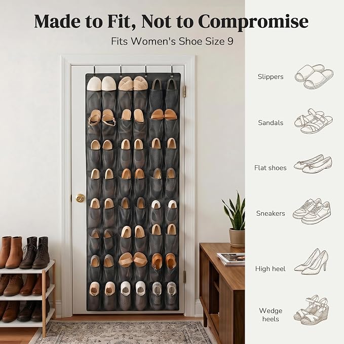 48 Pockets Over the Door Shoe Organizer, Large Mesh Hanging Shoe Rack, 6-Column Heavy Duty Shoe Storage for Sneakers and Heels, Behind Door Holder for Entryway Bedroom Dorm College, Black