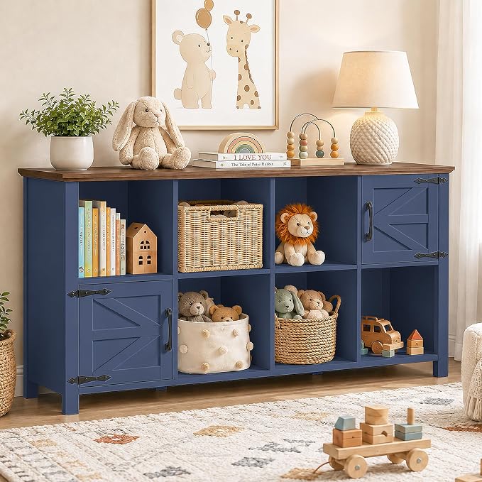 Vabches Wooden Toy Storage Organizer for Kids, Farmhouse Book & Toy Organizer with 6 Open Shelving & 2 Doors, 8-Cube Toy Shelf for Kids’ Room, Playroom & Classroom, Blue and Brown