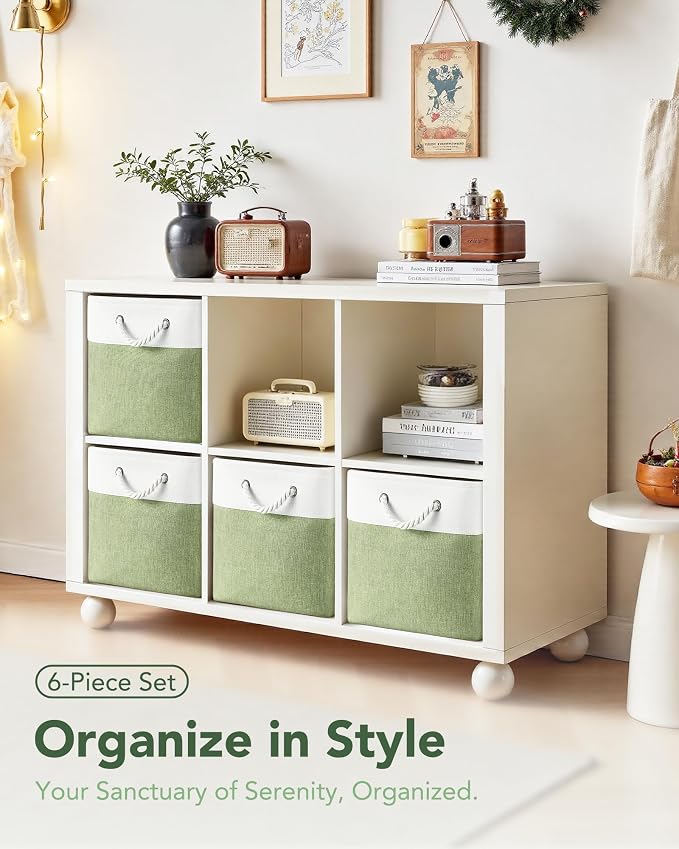 12x12 Inch Fabric Cube Storage Bins with Cotton Rope Handle 6-Pack | Top Support of Metal Frame, Bottom with Cardboard Support, Foldable Storage Bins for Closet, Bedroom, White Green
