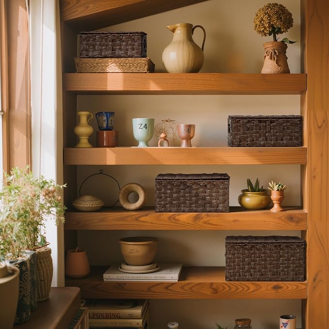Granny Says Wicker Basket With Lid, Decorative Storage Baskets For Shelves | Woven Baskets With Lids, Wicker Baskets For Storage, Decorative Storage Boxes, Woven Stackable Basket with Lid for Organizing