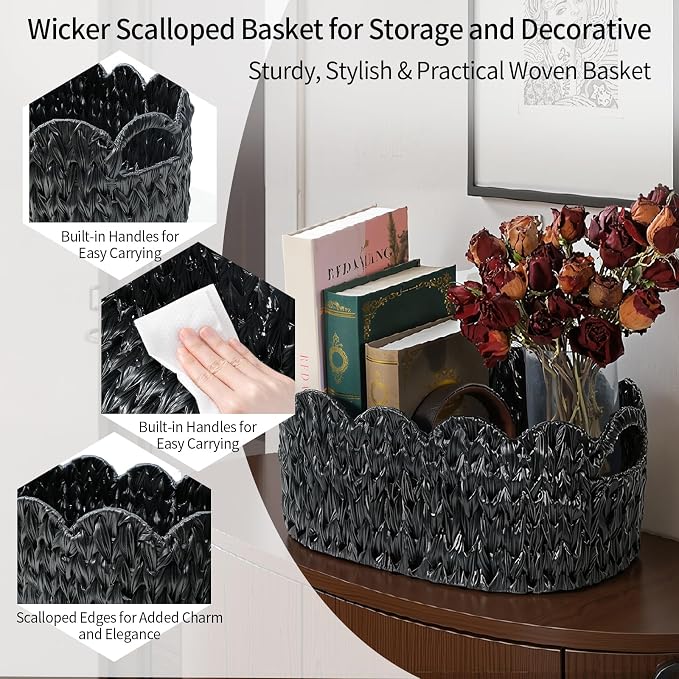 Coeusy Wicker Scalloped Basket Set of 2,Woven Storage Baskets for Shelves,Closet,Laundry,Gift,Towels,Books,Toys,Waterproof Decor Basket for Organizing,Black Oval