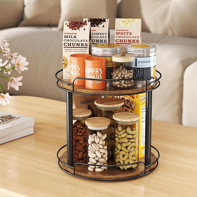 LAMU 10'' Wood Lazy Susan Turntable Organizer for Cabinet, 2 Tier Lazy Susan Spice Rack Organizer for Kitchen, Table Top, Countertop, Pantry, Medicine Organizer