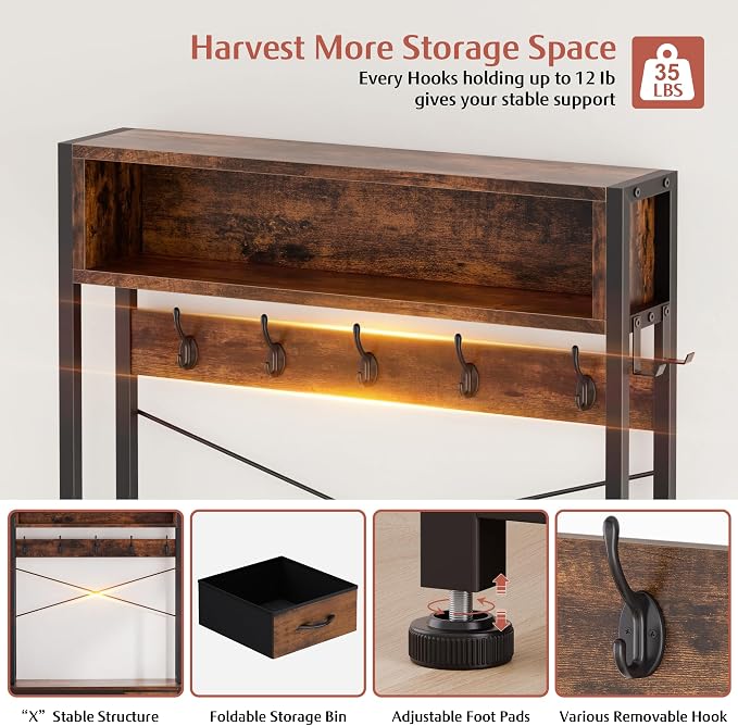 Hall Tree with Bench and 3 Drawers Storage, 31.5" Coat Rack Freestanding | Rustic Brown, 6-in-1, Top Cubby, 12 Coat Hooks, Adjustable Shoe Rack, Sturdy Metal Frame, Entryway Organizer