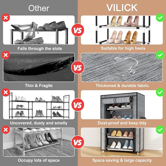 VILICK Shoe Rack with Cover Narrow Shoe Rack Organizer with 4 Side Pockets 10 Tier Tall Shoe Storage Shoe Shelf Holds 18-22 Pairs Shoes and Boots Shoe Rack for Closet, Printing