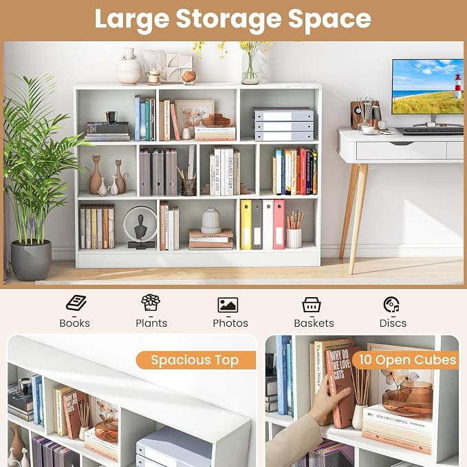 Giantex 10 Cube Bookcase, 4-Tier Freestanding Bookshelf w/ 10 Open Compartments, 2 Anti-Tipping Kits, Modern Display Cabinet, 41" Wood Cubby Storage Organizer for Living Room, Bedroom, White