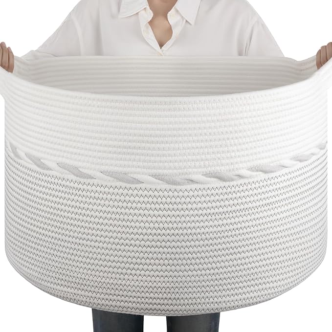 OIAHOMY 90L Extra Large Blanket Basket - Decorative Cotton Rope Storage Basket for Bedroom, Living Room & Nursery - Woven Laundry Hamper for Organizing Blankets, Clothes & Toys - Light Grey & White