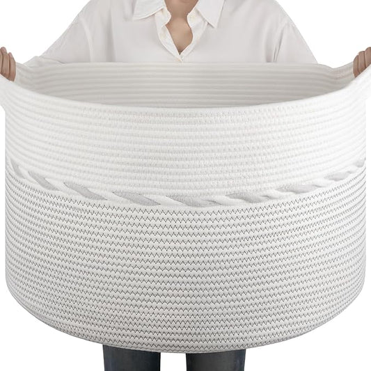 OIAHOMY 90L Extra Large Blanket Basket - Decorative Cotton Rope Storage Basket for Bedroom, Living Room & Nursery - Woven Laundry Hamper for Organizing Blankets, Clothes & Toys - Light Grey & White