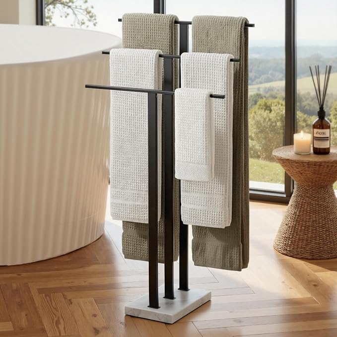 KES Standing Towel Rack with Marble Base, 3-Tier, Matte Black, 36-Inch | 18/8 Stainless Steel, 8.23 Lbs Weighted Base, Anti-Slip Pads, No Drilling Assembly, Freestanding Holder For Bathroom