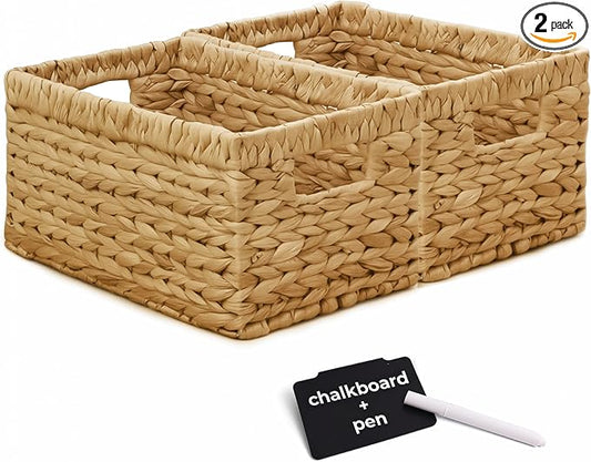KOKODO Wicker Storage Basket Set of 2, Rectangular Baskets for Shelves with Handles & Chalkboard Labels, Handwoven Water Hyacinth Baskets for Organizing Pantry, Closet & Home.