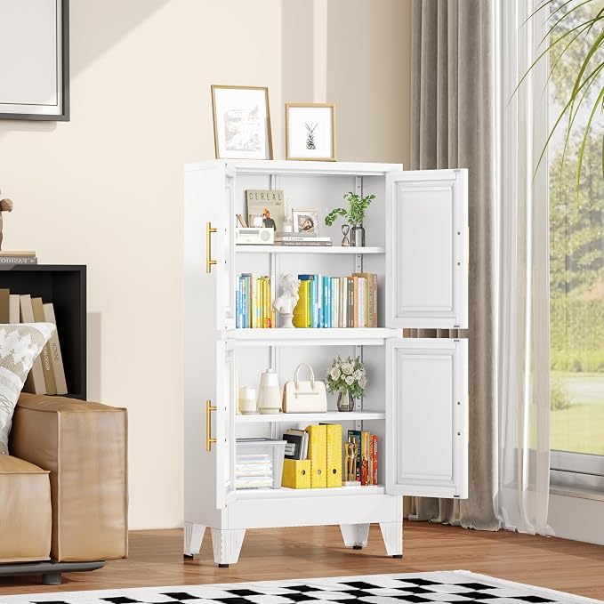 winiowa 47" Tall Kitchen Pantry Cabinet, Metal Storage Cabinet with Doors and Adjustable Shelves, White Freestanding Pantry Cabinet for Kitchen, Dining Room, Living Room, Laundry Room, Bathroom
