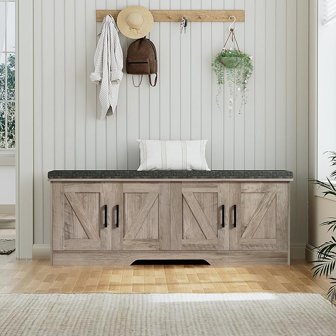HOMSHO Farmhouse Shoe Storage Bench with 4 Barn Doors & Padded Seat Cushion | 47.2" Wide Entryway Bench with Adjustable Shelves & Hidden Storage, Greige
