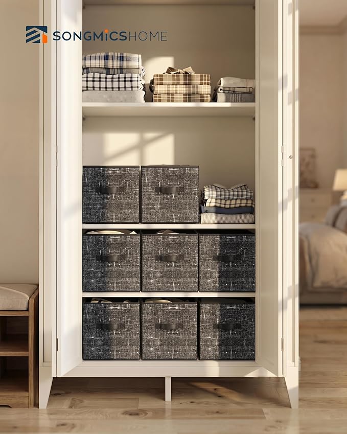 SONGMICS HOME Foldable Storage Cubes Set of 8, Fabric Shelf Organizer Bins with Handles, Closet Storage Boxes for Clothes, 13.2 x 13.2 x 13.2 Inches, Black