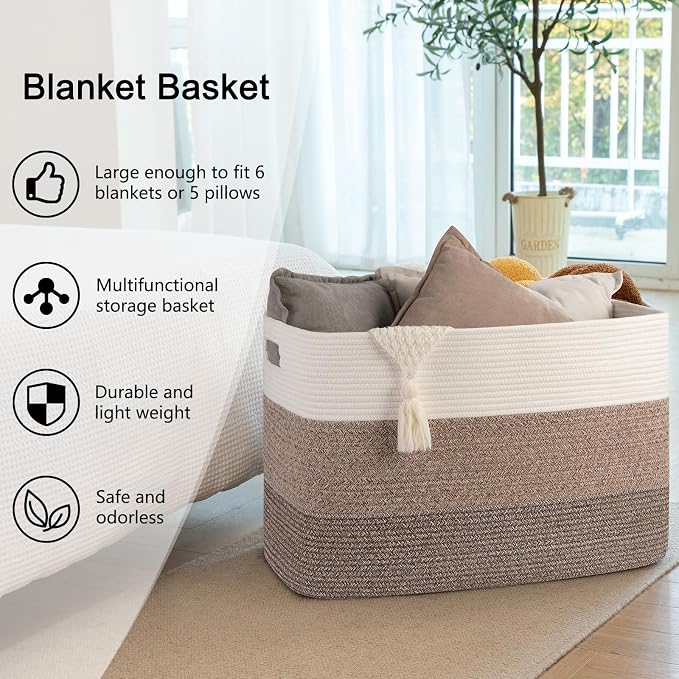 OIAHOMY 108L Super Large Blanket Basket, 25”x16”x16”(108L) Rectangle Woven Baskets for Storage, Cotton Rope Basket For Living Room, Toy Storage with Handle- Gradient Dark Brown