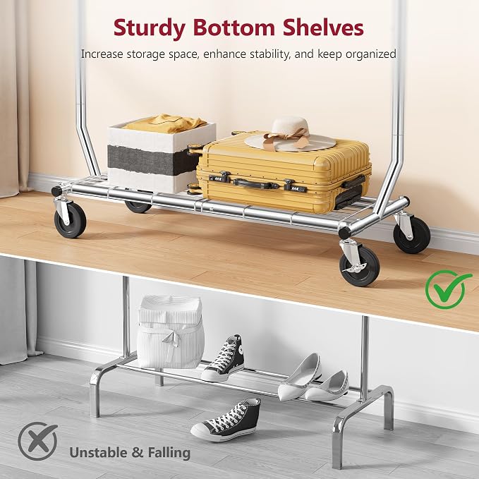 Clothes Rack with Shelf Load 350 LBS, Plating Chrome | Heavy Duty Collapsible Clothing Rack for Hanging Clothes, Extendable & Adjustable, Garment Rack with Wheels for Bedroom
