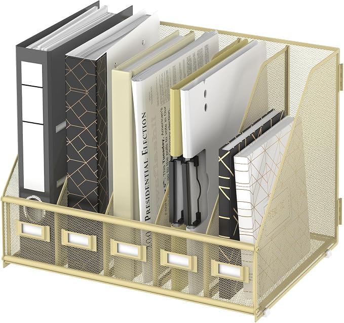 SUPEASY Desk Organizers Metal Desk Magazine File Holder with 5 Vertical Compartments Rack File Organizer for Office Desktop, Classroom, Home Workspace, Golden Yellow, Plus
