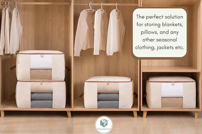 Chaos Cleared Canvas Storage Bags Designer Organizer for Comforters 2 Pack – Seasonal Storage for Pillows, Blankets, Linens & Garments – Foldable Design with Zip & Window, Moth-Proof Space Saver