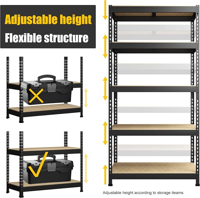 PrimeZone 71"H Storage Shelves, 5 Tier Adjustable Metal Shelf, 5 PCS, Black | 35.5"W x 15.75"D x 71"H, Heavy Duty Metal Connectors, FSC Wood Board, Easy Assembly, Standing Rack for Warehouse, Basement