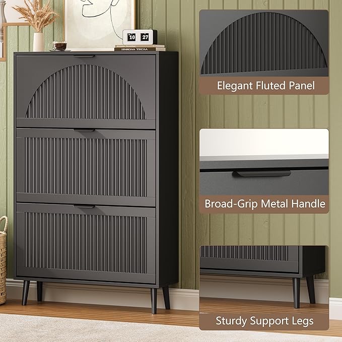 BORNOON Shoe Cabinet for Entryway with 3 Flip Drawers, Slim Wooden Shoe Storage Organizer with Modern Fluted Pannel，Freestanding Narrow Hidden Shoe Rack for Hallway, Foyer, Living Room