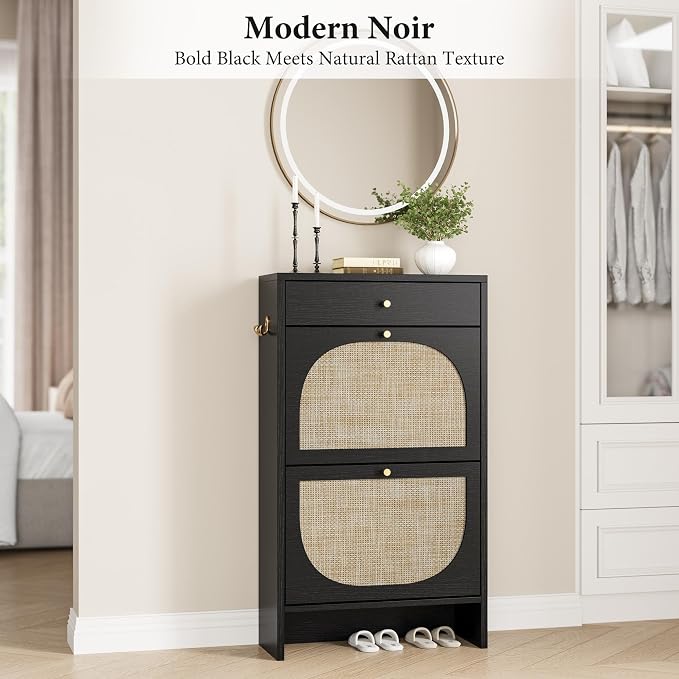 Nicetree Shoe Cabinet for Entryway, Slim Shoe Rack with 2 Flip Drawers and Top Storage Drawer, Narrow Shoe Organizer with Printed Rattan-Look Design, Entryway Shoe Storage for Size 12 Shoes, Black
