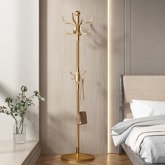 Metal Coat Rack Stand Coat Rack Freestanding with 12 Hooks,Gold | Sturdy Heavy Duty Modern Coats Tree for Bags Clothes Hall Tree Hats Hanger Holder Stand for Entryway Bedroom Hallway Office